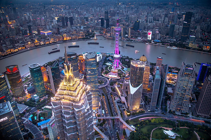 Oriental Pearl, Shanghai, grattacieli, nave, panorama, luci, barca, sera, Cina, fiume, Shanghai, paesaggio urbano, Sfondo HD