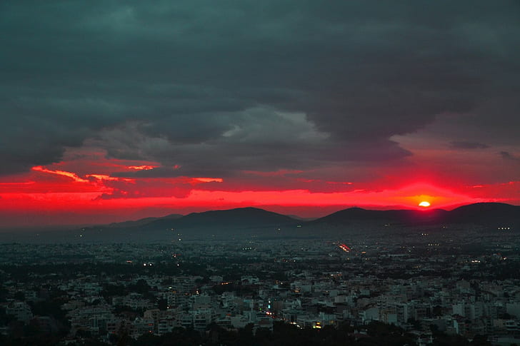 Ateny, zachód słońca, Grecja, gród, Tapety HD