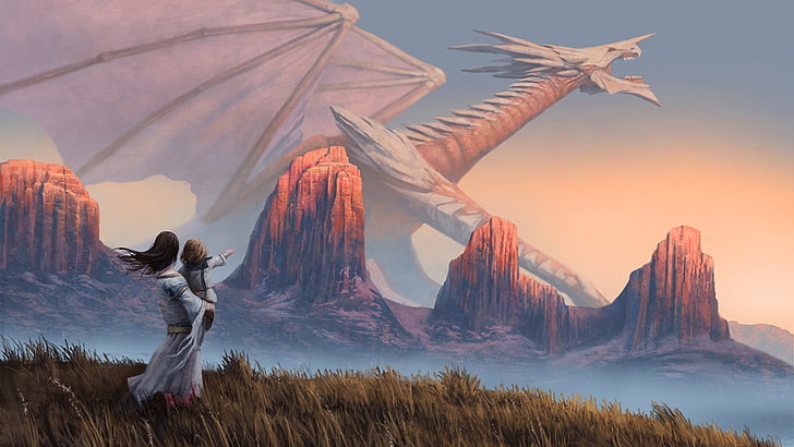 pintura de dragón blanco, arte de fantasía, hierba, montañas, animales, dragón, río, Fondo de pantalla HD