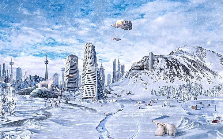 графика белого медведя, планета, мир, зима, снег, город, научная фантастика, будущее, HD обои