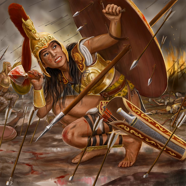 Amazon warrior painting, girl, fire, war, armor, spear, shield, painting, arrows, Amazon, Thalestris, HD wallpaper