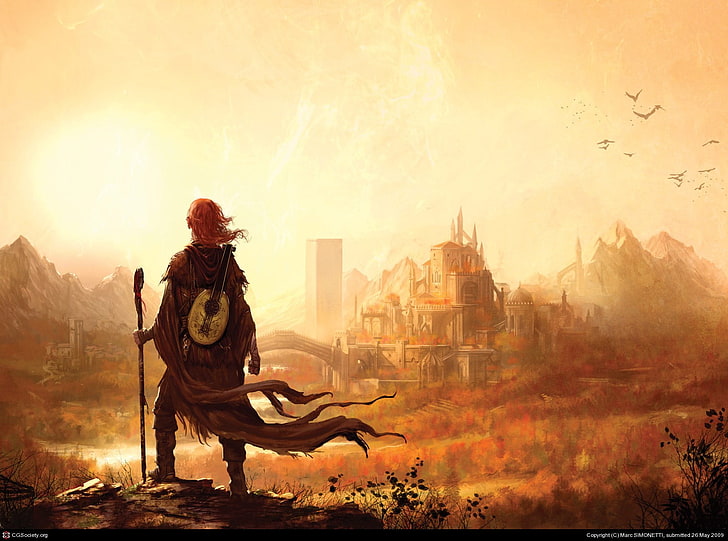 person holding staff while standing on ground overlooking structure digital wallpaper, man wearing brown coat holding stick painting, kvothe, lute, redhead, cityscape, wizard, staff, drawing, The Kingkiller Chronicles, fantasy art, fantasy city, artwork, Marc Simonetti, HD wallpaper