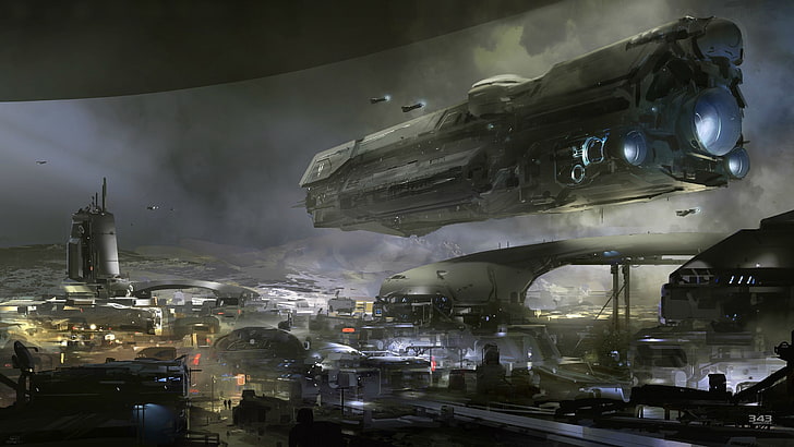 papel tapiz digital de la escena de ciencia ficción de la nave espacial gris, Halo, nave espacial, UNSC Infinity, arte digital, videojuegos, Halo 5: Guardianes, arte conceptual, Fondo de pantalla HD