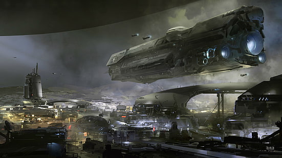 gray space ship sci-fi scene digital wallpaper, Halo, spaceship, UNSC Infinity, digital art, video games, Halo 5: Guardians, concept art, HD wallpaper HD wallpaper