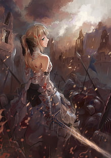женский персонаж аниме держит серебряные обои с мечом, Fate / Stay Night, Fate Series, Sabre, Sabre Lily, блондинка, зеленые глаза, HD обои HD wallpaper