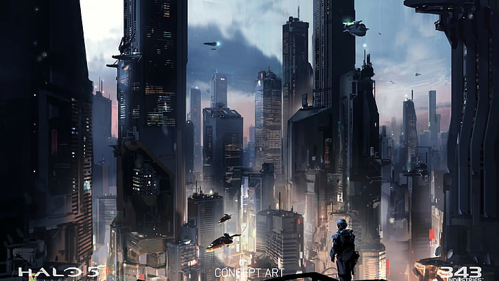Plakat z gry Halo 5, Halo 5: Guardians, gra, fps, science fiction, strzelanka, przestrzeń, roboty, statek kosmiczny, żołnierz, miasto, sztuka, 4k, 5k, komputer, zrzut ekranu, Tapety HD