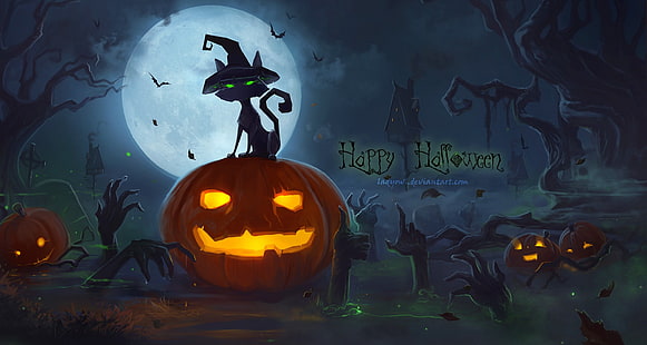 Papier peint numérique Happy Haloween, Halloween, citrouille, art vectoriel, chats noirs, Fond d'écran HD HD wallpaper
