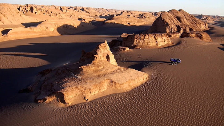 iran, desert, nature, sand, lut desert, rock formation, tourist attraction, singing sand, landscape, formation, geology, badlands, rock, sky, HD wallpaper