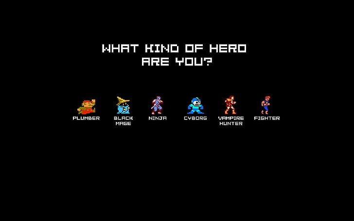 what kind of hero free you? text, hero, 8-bit, minimalism, retro games, text, black background, HD wallpaper
