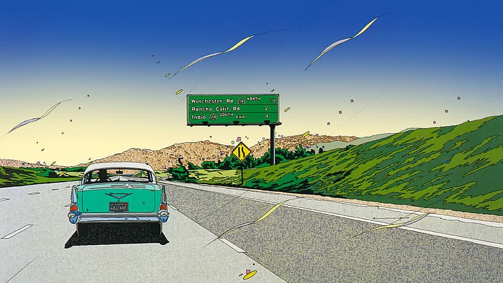 1980-an, Seni Jepang, desain grafis, Eizin Suzuki, mobil Amerika, seni garis, bersemangat, penuh warna, musim panas, Wallpaper HD