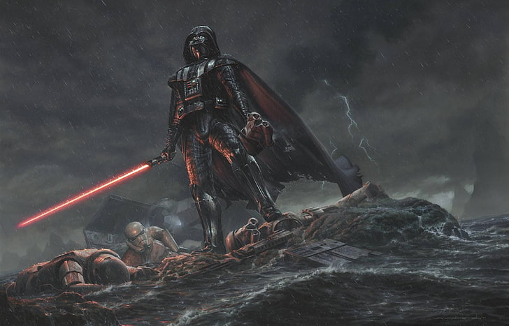 Star Wars Darth Vader, Star Wars, stormtrooper, lightsaber, Darth Vader, rain, HD wallpaper