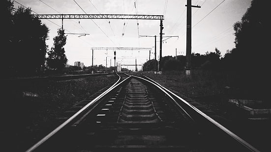 photo en niveaux de gris du train rail, chemin de fer, monochrome, Fond d'écran HD HD wallpaper