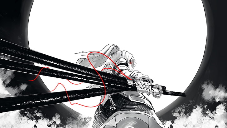 женщина держит мечи обои, самурай, катана, аниме девушки, женщины, луна, оружие, меч, красные глаза, длинные волосы, два хвостика, HD обои