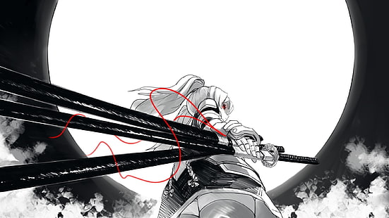 mulher segurando espadas papel de parede, samurai, katana, anime meninas, mulheres, lua, arma, espada, olhos vermelhos, cabelos longos, twintails, HD papel de parede HD wallpaper
