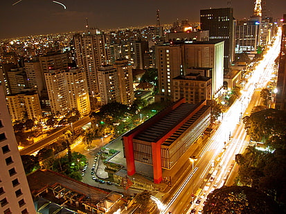 въздушен изглед, изкуство, Бразилия, сграда, град, пейзаж, маска, метрополия, модерен, музей, нощ, Пауло, Сао, градски, HD тапет HD wallpaper