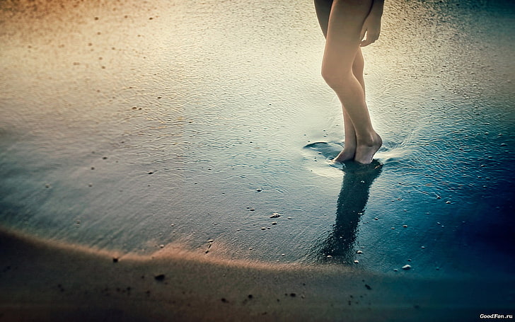 shoreline, person standing near body of water, legs, sand, HD wallpaper