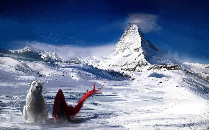 Eisbären, Mäntel, Schnee, Fantasiekunst, Winter, Berge, Grafik, HD-Hintergrundbild