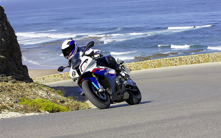 white and blue sports bike, bmw s1000rr, bmw, motorcycle, speed, rotation, HD wallpaper