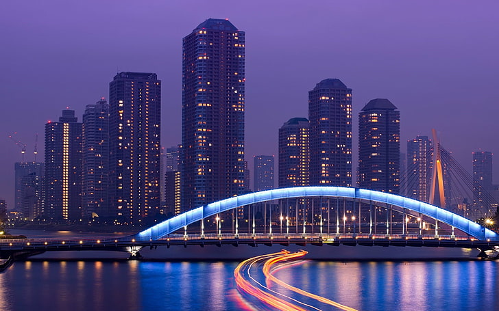 stadsbild, stad, byggnad, Tokyo, Japan, bro, skyskrapa, vatten, flod, lampor, ljusleder, lång exponering, reflektion, gatubelysning, fartyg, arkitektur, kranar (maskin), HD tapet