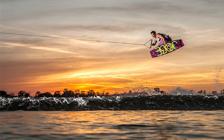 pink and yellow wakeboard, wakeboarding, wakeboard, sports, HD wallpaper