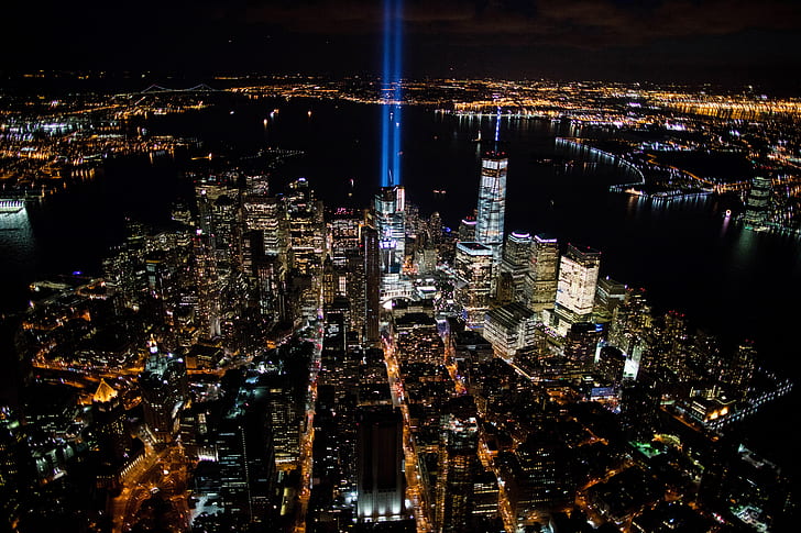 нощ, мост, светлини, дом, Ню Йорк, небостъргачи, панорама, залив, САЩ, мегаполис, HD тапет