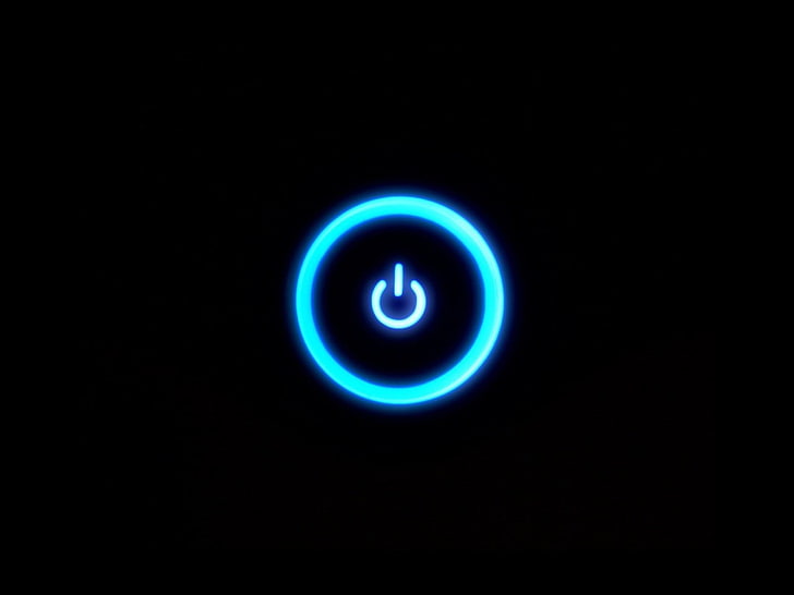 выключатель питания, компьютер, минимализм, темный, черный, логотип, черный фон, кнопки, круг, простой фон, голубой, HD обои