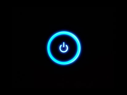 interruptor de encendido, computadora, minimalismo, oscuro, negro, logotipo, fondo negro, botones, círculo, fondo simple, cian, Fondo de pantalla HD HD wallpaper