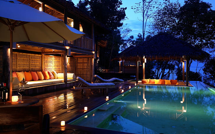 Luxury Sea Resort, mar, noche, piscina, suumer, foto, imagen, Fondo de pantalla HD