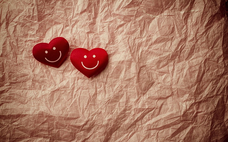 Hearts Smile Love, two red smiley hearts decor, Love, , red, heart, smiley face, brown, background, HD wallpaper