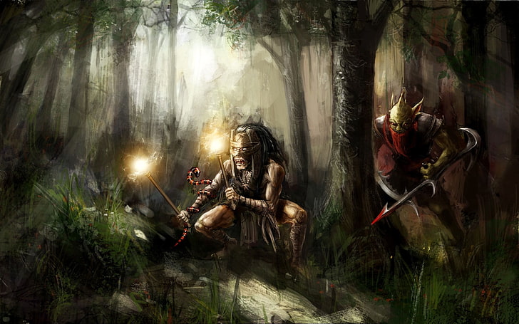 due persone vicino agli alberi illustrazione, arte digitale, Dota 2, cacciatore di taglie, Shadow Shaman, videogiochi, Sfondo HD