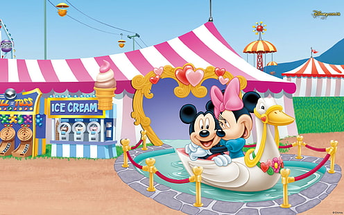 Mickey Och Minnie Mouse Romantisk Kärlekspromenad Med Båt Hd Bakgrund 2560 × 1600, HD tapet HD wallpaper