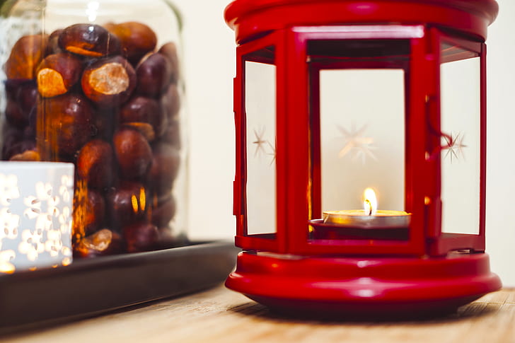 red, candle, flashlight, Bank, chestnuts, ikea, HD wallpaper