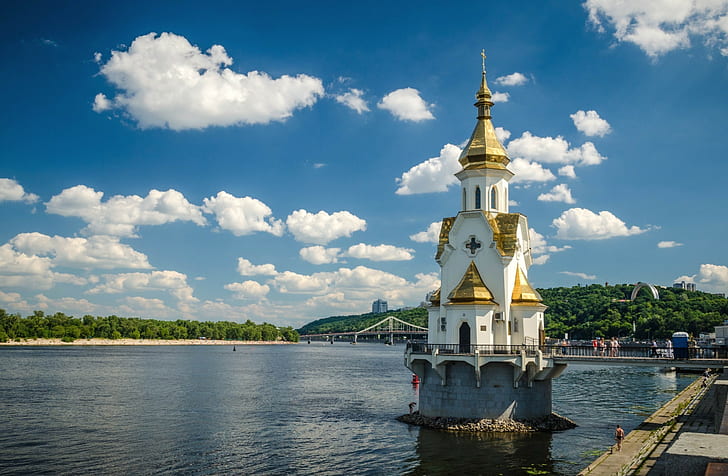 Ukraine, Kiev, Nicholas Temple, Ukraine, Kiev, Nicholas Temple, embankment, Dnieper river, trees, sky, clouds, HD wallpaper