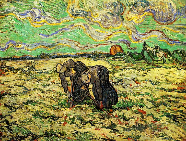 il sole, le nuvole, Vincent van Gogh, le donne che lavorano in giardino, due contadini, le donne che scavano, il campo con la neve, Sfondo HD