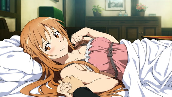 femme avec fond d'écran anime aux cheveux bruns, filles anime, cheveux longs, Yuuki Asuna, Sword Art Online, au lit, lit, Fond d'écran HD HD wallpaper