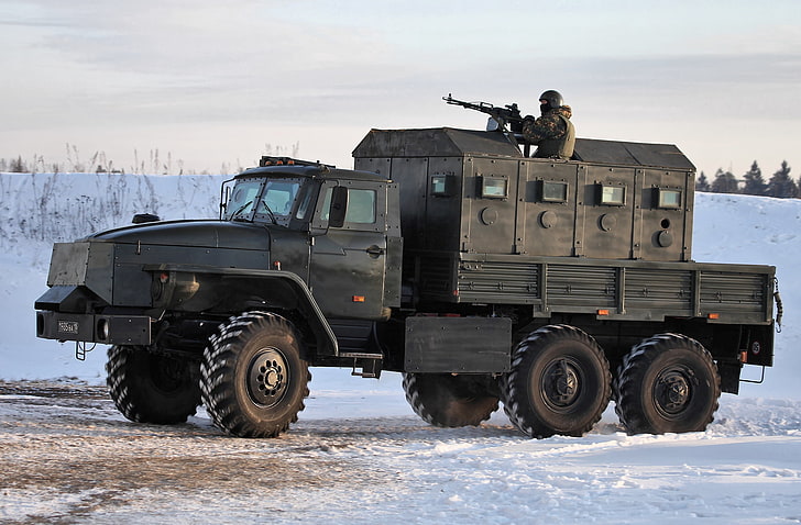 veículo cinzento e preto, neve, carro blindado, artilheiro, estrela, Ural-4320, HD papel de parede