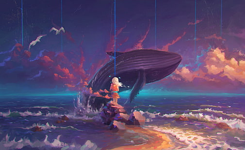 Фантазия, дете, момиченце, океан, небе, кит, HD тапет HD wallpaper