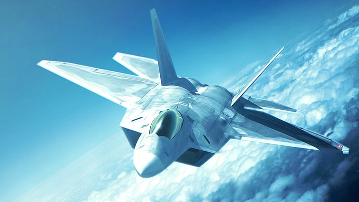 gray and black warplane graphic illsutration, ace combat, f-22, raptor, fighter, clouds, HD wallpaper