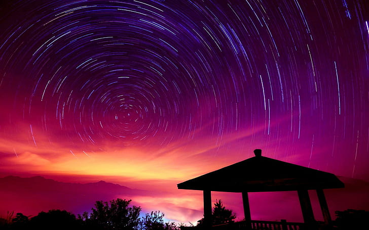 Hujan Meteor, lukisan bintang, langit berbintang, meteor, bintang, lingkaran, siluet, bangunan, suasana, malam, alam, dan lanskap, Wallpaper HD