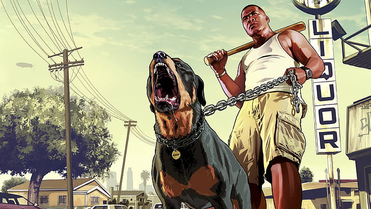 Franklin with his Dog GTA 5, grand theft auto 5 illustration, gta 5, HD wallpaper