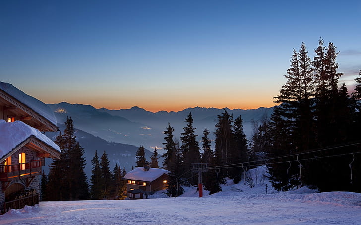 Ski Lodge Lodge Ski Lift Snow Winter Trees House HD, hus på ett snöfält, natur, träd, snö, vinter, hus, ski, lift, lodge, HD tapet