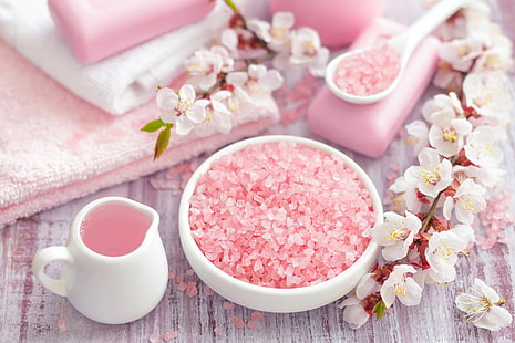 белые вишни;розовые мыльницы;миска с сахаром, цветы, веточка, полотенце, мыло, спа, морская соль, HD обои HD wallpaper