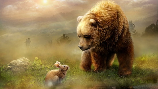 niedźwiedź brunatny, niedźwiedź, królik, królik, dzikość, pole, ogon, fantasy art, trawa, natura, marzycielski, bajka, sztuka, kompozycja, artystyczny, Tapety HD HD wallpaper