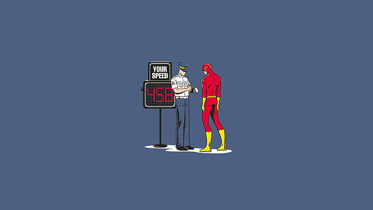 The Flash accanto a un ufficiale, umorismo, Flash, Flash, polizia, sfondo blu, minimalismo, cartone animato, DC Comics, Sfondo HD
