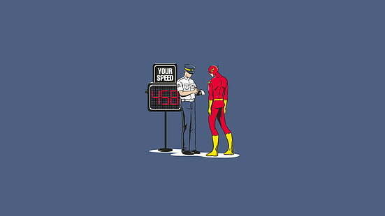 The Flash accanto a un ufficiale, umorismo, Flash, Flash, polizia, sfondo blu, minimalismo, cartone animato, DC Comics, Sfondo HD HD wallpaper