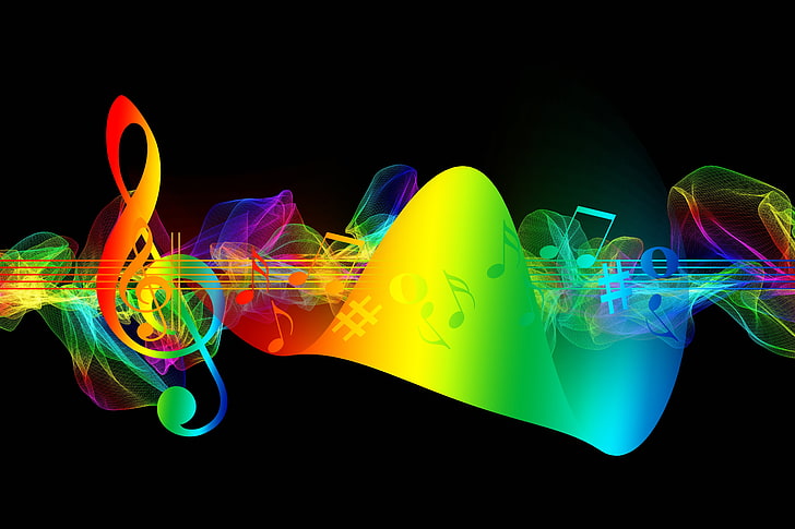 радуга, музыкальные ноты иллюстрации, скрипичный ключ, музыкальные ноты, разноцветные, радуга, HD обои