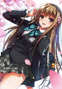anime, gadis anime, rambut panjang, Tomose Shunsaku, karakter asli, seragam sekolah, bunga sakura, Wallpaper HD HD wallpaper