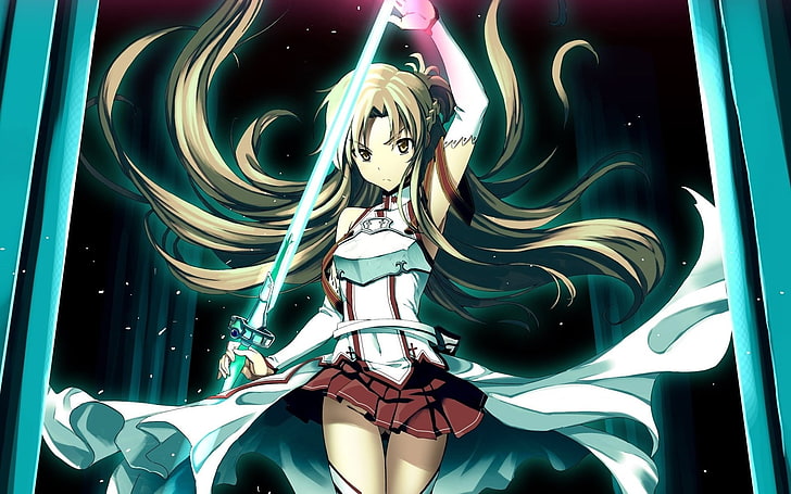 кафяв женски аниме герой, държащ меч цифров тапет, Sword Art Online, Yuuki Asuna, аниме момичета, HD тапет