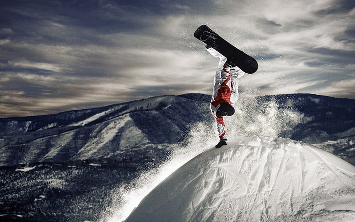 chaqueta de snowboard roja y blanca, snowboard, invierno, Fondo de pantalla HD