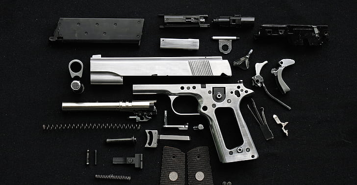 pistol, screws, springs, disassembled metal parts, HD wallpaper